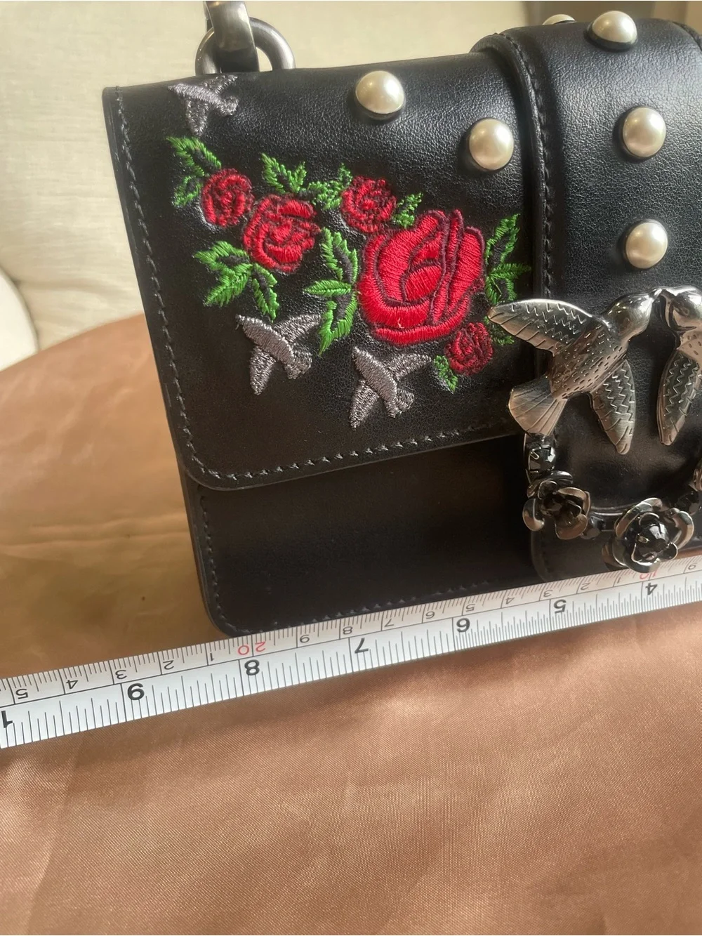 Pinko Black Crossbody with Red Rose Embroidery and Pearl Accents